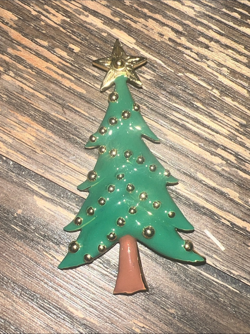 Green Enamel Christmas Tree Brooch with Gold Accents